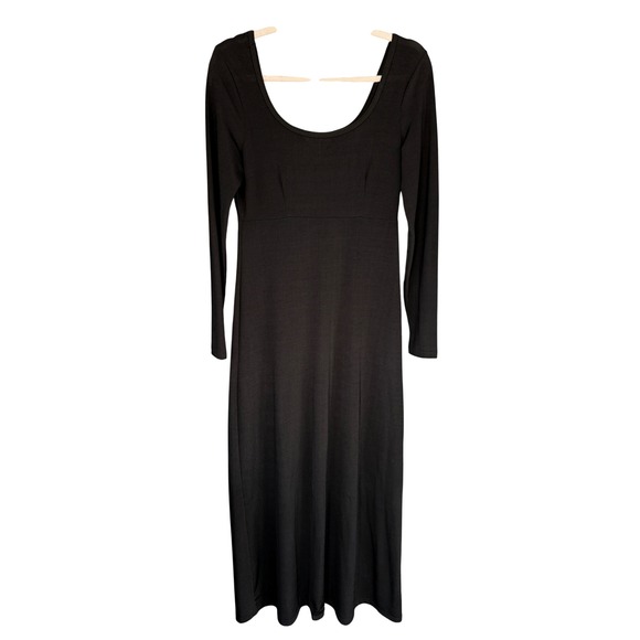 90s VTG Express Tricot Black Long Sleeve Scoop Neck Midi Dress Minimalist - Picture 1 of 3